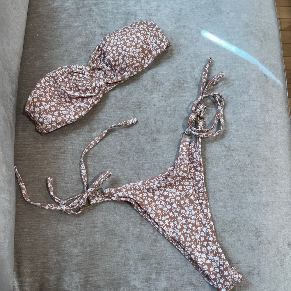 Brown and White Floral Bandeau Bikini Set